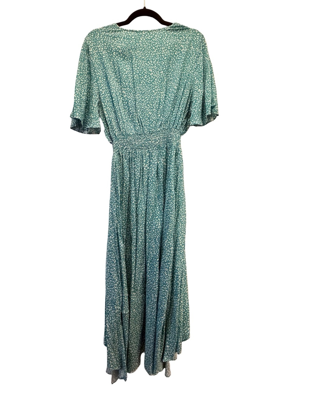 NWT Teal Floral High Low Maxi Dress Flutter Sleeve Elastic Waist Sea Foam Green - Picture 2 of 12